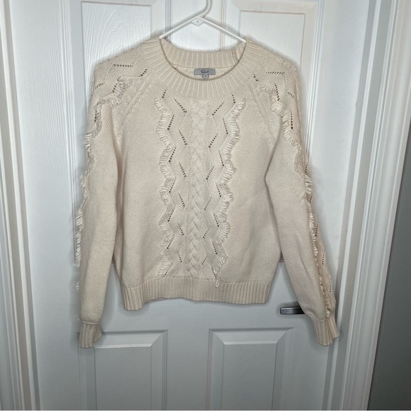 Rails Francis Pointelle Fringed Cable Knit Lambswool Cashmere Sweater in Ivory S - Picture 2 of 11